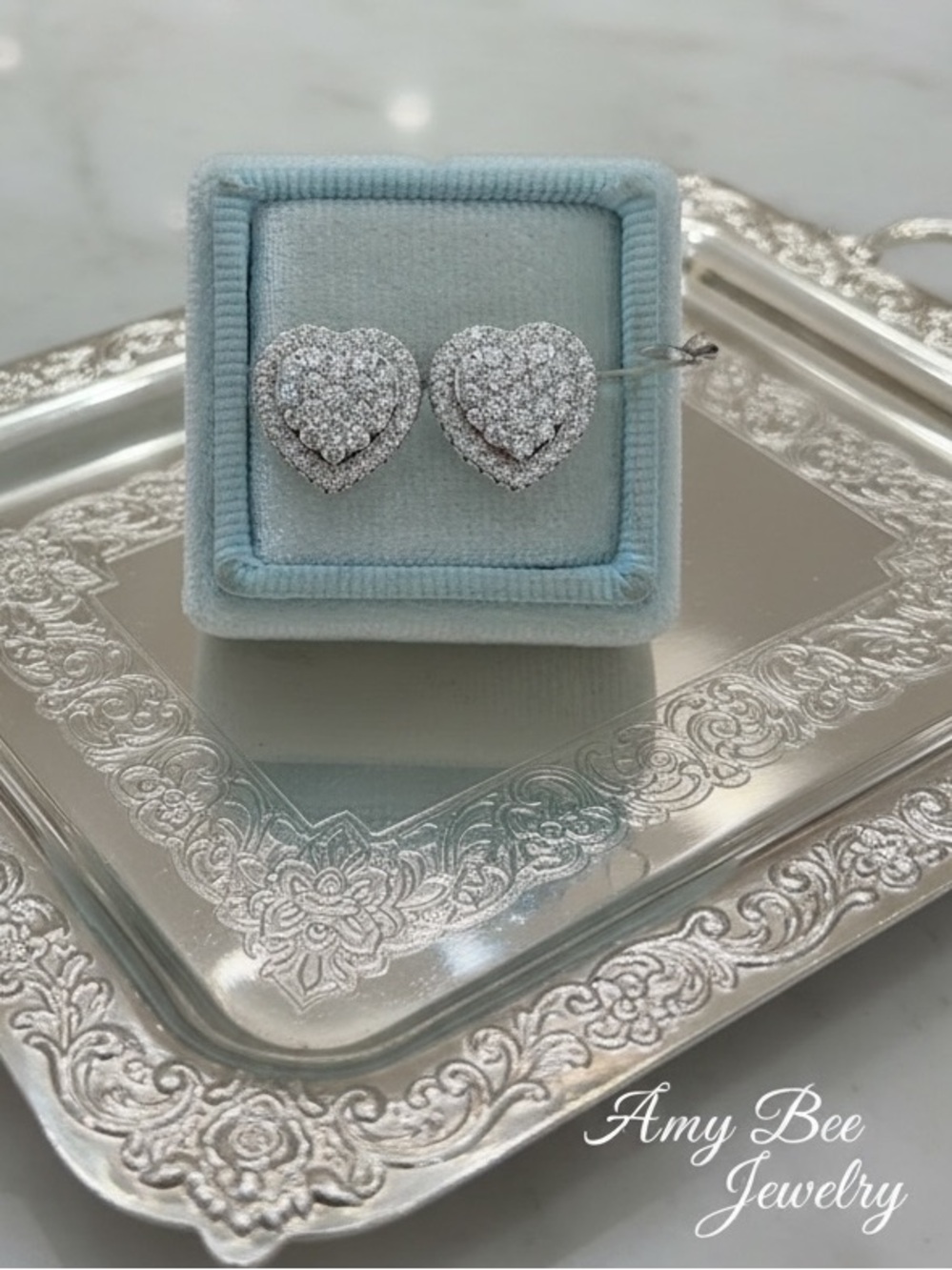 White Gold Plated Heart Pave Stud Earrings - Silver